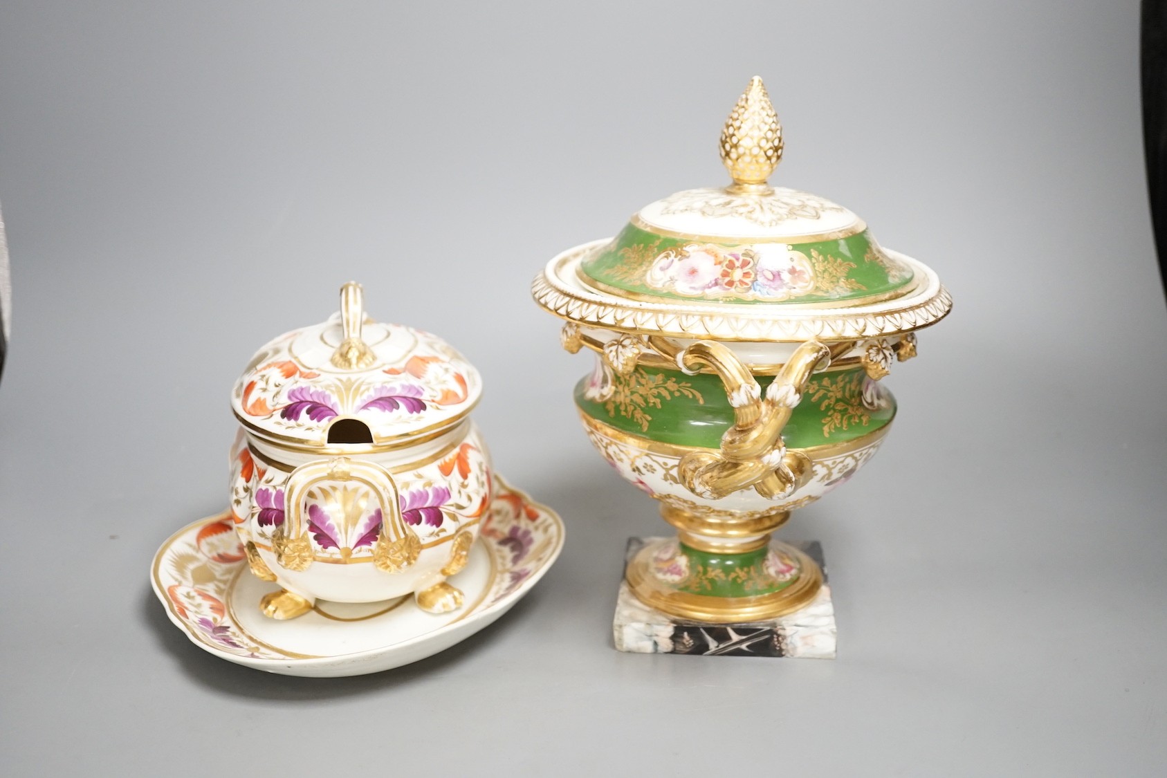 A small Derby tureen cover and stand, c.1825, 22 cm wide, and an English porcelain floral ice pail and cover (lacking liner)